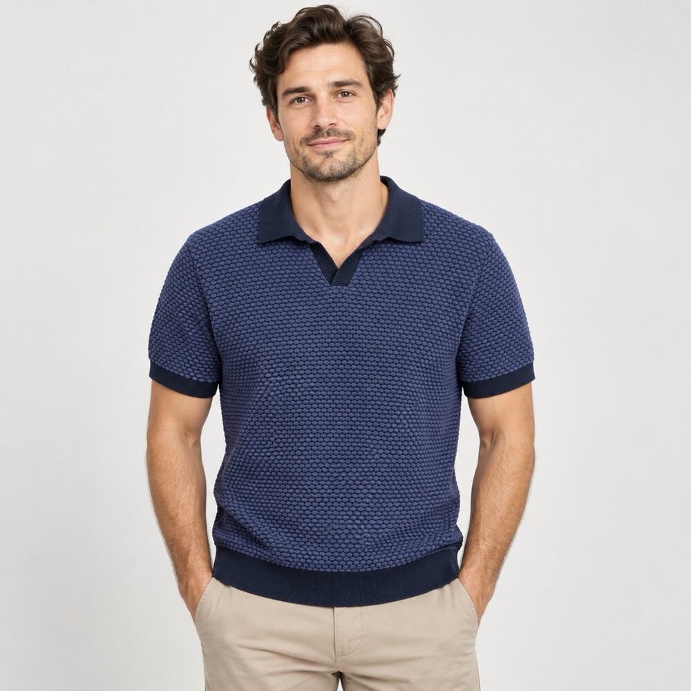 The Normal Brand Robles Knit Jacquard Polo Men’s Small Navy 100% Cotton Textured